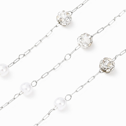 304 цепочки из нержавеющей стали и АБС-пластика с круглыми бусинами, кристаллами и стразами из полимерной глины, пайки, с катушкой