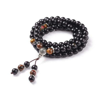 Mala Bead Bracelet, Natural Tiger Eye & Wood Four Loops Wrap Bracelets Necklaces with Alloy Calabash for Women
