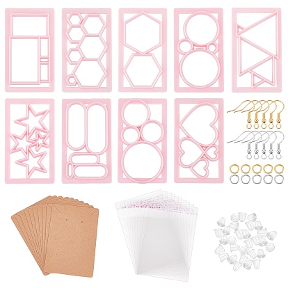 9piezas 9 moldes de troqueles de corte de plástico estilo, triángulo y hexágono y corazón y óvalo, con ganchos para aretes de hierro y anillos para saltar, tuercas de plástico, Tarjetas y bolsas opp