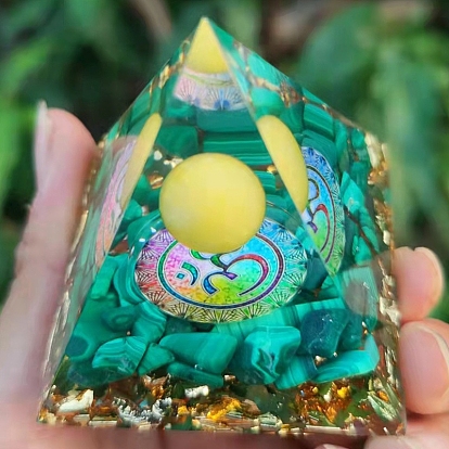 Orgonite Pyramid Resin Energy Generators, Natural Agate & Synthetic Malachite Chips Inside for Home Office Desk Decoration