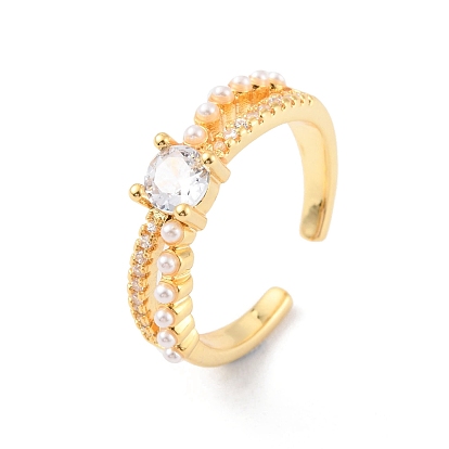 Clear Cubic Zirconia Diamond Open Cuff Ring with Plastic Pearl Beaded, Rack Plating Brass Jewelry for Women, Cadmium Free & Lead Free