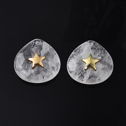 Natural Stone Pendants, with Light Gold Plated Brass Star Findings, Faceted, Teardrop