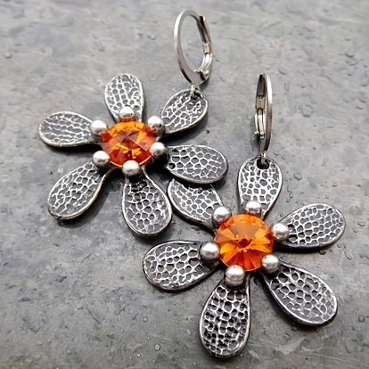 Pendientes leverback rhinestone de la aleación, flor, cuelga los pendientes
