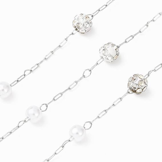 304 цепочки из нержавеющей стали и АБС-пластика с круглыми бусинами, кристаллами и стразами из полимерной глины, пайки, с катушкой