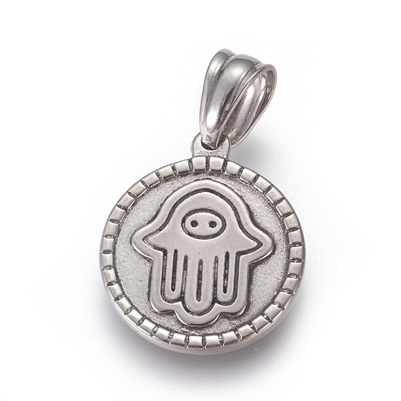 304 подвески из нержавеющей стали, плоский круглый с hamsa рука / рука fatima / рука miriam
