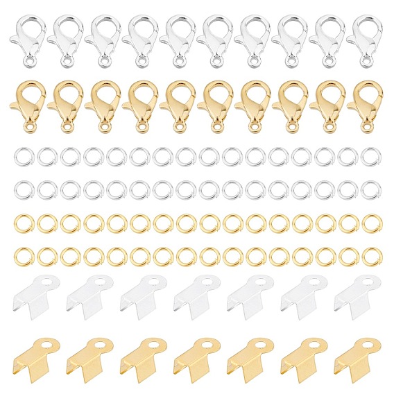 600Pcs 3 Style Zinc Alloy Lobster Claw Clasps, with Iron Folding Crimp Ends and Open Jump Rings