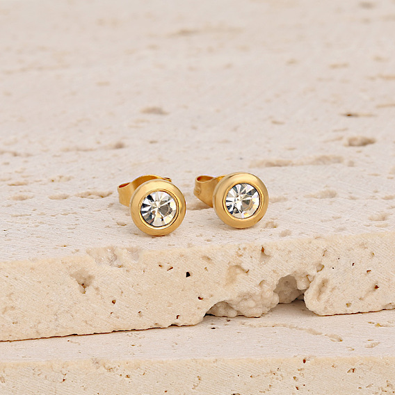 Плоские круглые 304 серьги-гвоздики из нержавеющей стали с прозрачными кубическими цирконами