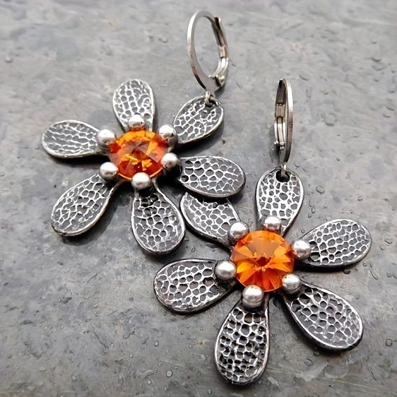 Alloy Rhinestone Leverback Earrings, Flower, Dangle Earrings