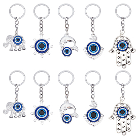 10Pcs 5 Style CCB Plastic & Alloy Pendant Keychains, with Resin Evil Eye and Iron Key Rings