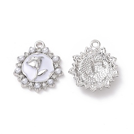 Alloy Enamel Pendants, with Plastic Beads and Crystal Rhinestone, Flat Round with Rose