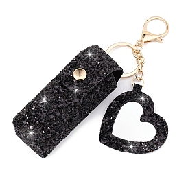 Sequin PU Leather Lipstick Storage Bags, Portable Lip Balm Organizer Holder for Women Ladies, with Light Gold Tone Alloy Keychain and Mirror, Heart