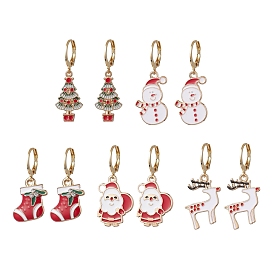 5Pairs 5 Styles Christmas Theme Alloy Enamel Dangle Earrings, 304 Stainless Steel Leverback Earrings for Women