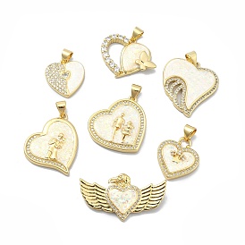 Brass Micro Pave Clear Cubic Zirconia Pendants, with Sythetic Opal, Heart
