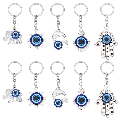 10Pcs 5 Style CCB Plastic & Alloy Pendant Keychains, with Resin Evil Eye and Iron Key Rings
