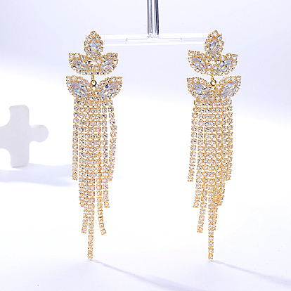 Real 18K Gold Plated Brass Dangle Stud Earrings, Rhinestone Tassel Earrings