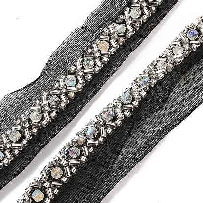 Polyester Flower Lace Trims, with ABS Imitation Pearl Beads and Glass