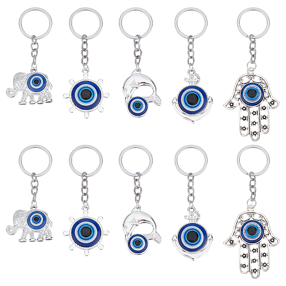 10Pcs 5 Style CCB Plastic & Alloy Pendant Keychains, with Resin Evil Eye and Iron Key Rings