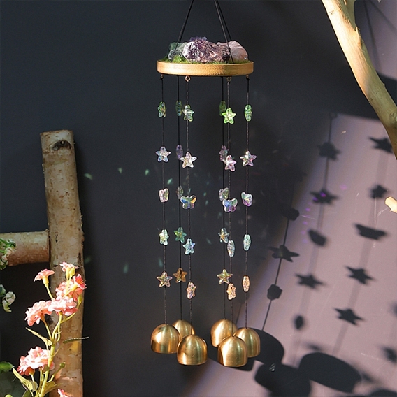 Подвески из натурального розового кварца, аметиста и зеленого авантюрина с подвесками в виде колокольчиков ветра, Акриловые бусины в форме звезд и железные колокольчики для декора дома и улицы