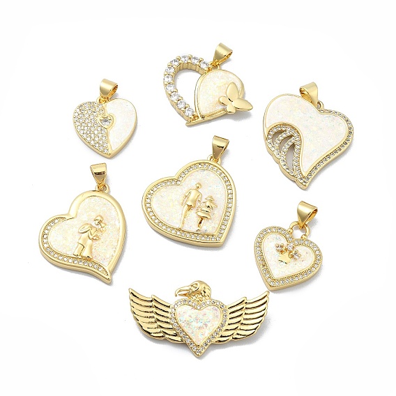 Brass Micro Pave Clear Cubic Zirconia Pendants, Cadmium Free & Lead Free, with Sythetic Opal, Heart