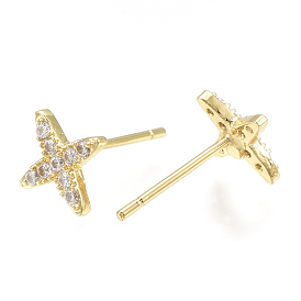 Brass Ear Studs, Real 18K Gold Plated, with Cubic Zirconia, Star
