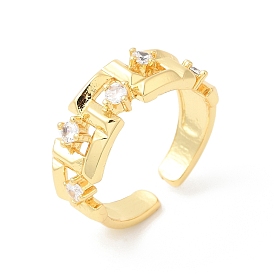 Clear Cubic Zirconia Rectangle Open Cuff Rings, Brass Jewelry for Women