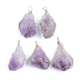 Rough Raw Natural Amethyst Pendants, Wire Wrapped Pendants, with Golden Plated Iron Findings, Nuggets