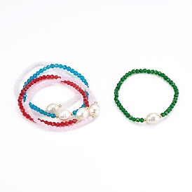 Faceted Round Glass Beaded Stretch Bracelets, with Acrylic Beads and 304 Stainless Steel Beads