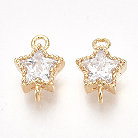 Brass Cubic Zirconia Links, Nickel Free, Real 18K Gold Plated, Star, Clear