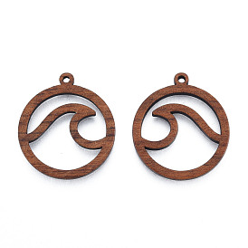 Natural Walnut Wood Pendants, Undyed, Hollow Ring Charm with Spindrift