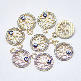 Alloy Pendants, with Crystal Rhinestone and Blue Enamel, Flat Round with Tree of Life and Evil Eye