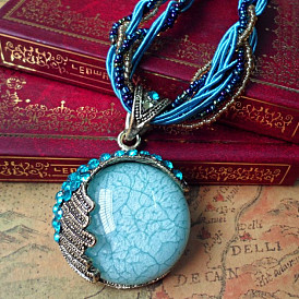 Ретро-богемный стиль сплав горный хрусталь смола стекло крылья плоские круглые подвески ожерелья, матч свитер