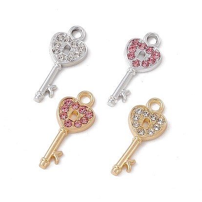 Alloy Crystal Rhinestone Pendants, Heart Key Charm