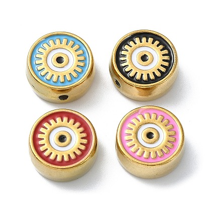 Ion Plating(IP) 304 Stainless Steel Enamel Beads, Real 18K Gold Plated, Flat Round with Evil Eye