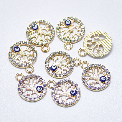 Alloy Pendants, with Crystal Rhinestone and Blue Enamel, Flat Round with Tree of Life and Evil Eye