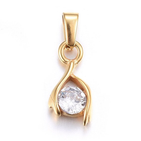 304 Stainless Steel Pendants, with Cubic Zirconia, Drop