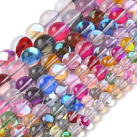 Electroplated Synthetic Moonstone Beads Strands, Dyed, Holographic Beads, Half AB Color Plated, Round