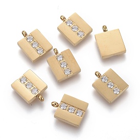 316 Surgical Stainless Steel Micro Pave Clear Cubic Zirconia Charms, Rectangle