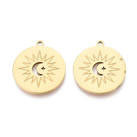 304 Плоское круглое украшение из нержавеющей стали с подвесками в виде луны и солнца., ионное покрытие (ip)