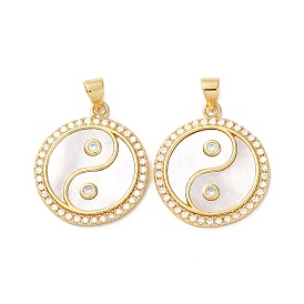 Brass Micro Pave Cubic Zirconia Pendants, with Shell, Real 18K Gold Plated, Yin-Yang
