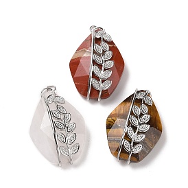 Natural Gemstone Pendants, Faceted Rhombus Charm, with 304 Stainless Steel Leaf Findings