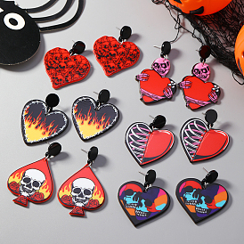 Acrylic Halloween DIY Heart Skull Flame Stud Earrings Collection