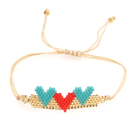 Friendship Heart Loom Pattern Seed Beads Bracelets for Women, Adjustable Nylon Cord Braided Bead Bracelets