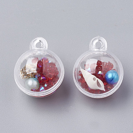 Openable Plastic Pendants, with ABS Plastic Imitation Pearl, Resin Rhinestones and Shell Beads Inside, Round
