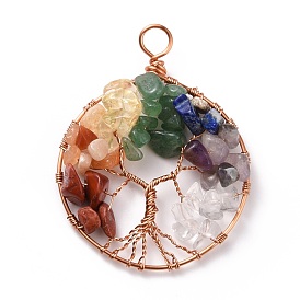 Natural Gmestone Copper Wire Big Pendants, Natural Amethyst & Green Aventurine & Citrine & Lapis Lazuli & Red Jasper & Red Aventurine & Quartz Crystal, Mixed Dyed and Undyed, Flat Round with Tree