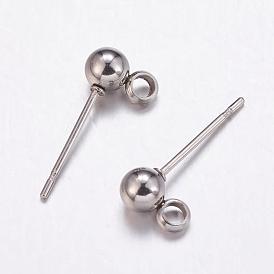 304 Stainless Steel Ball Stud Earrings Findings, with Loop