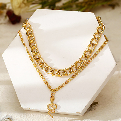 Edgy Double-Layered Snake Pendant Necklace with Chunky Chain for Women