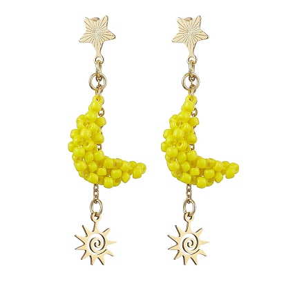 Женские серьги-гвоздики со стеклянными бусинами, луна с солнцем и звездой, золотые