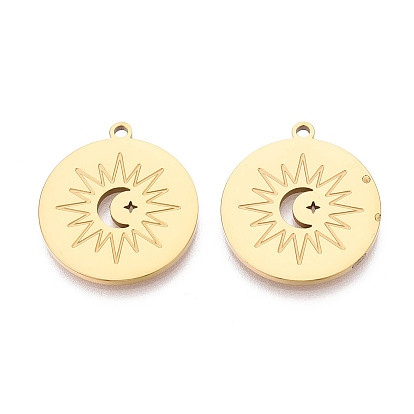 304 Плоское круглое украшение из нержавеющей стали с подвесками в виде луны и солнца., ионное покрытие (ip)