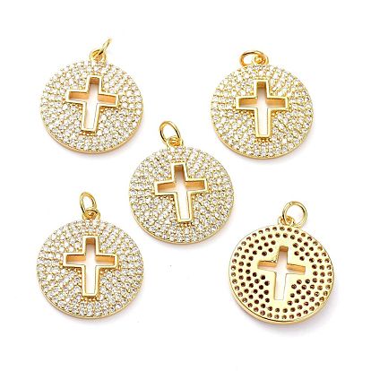 Brass Micro Pave Clear Cubic Zirconia Pendants, with Jump Ring, Long-Lasting Plated, Flat Round with Cross
