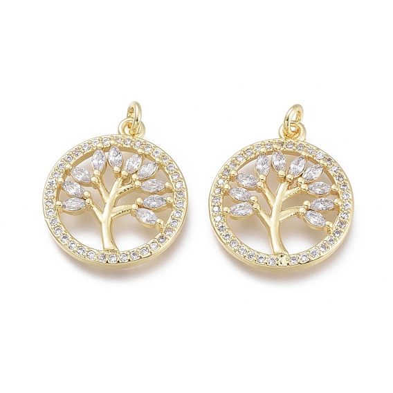 Латунные микро проложить кубического циркония подвески, с прыжковых колец, плоские круглые с деревом, прозрачные
